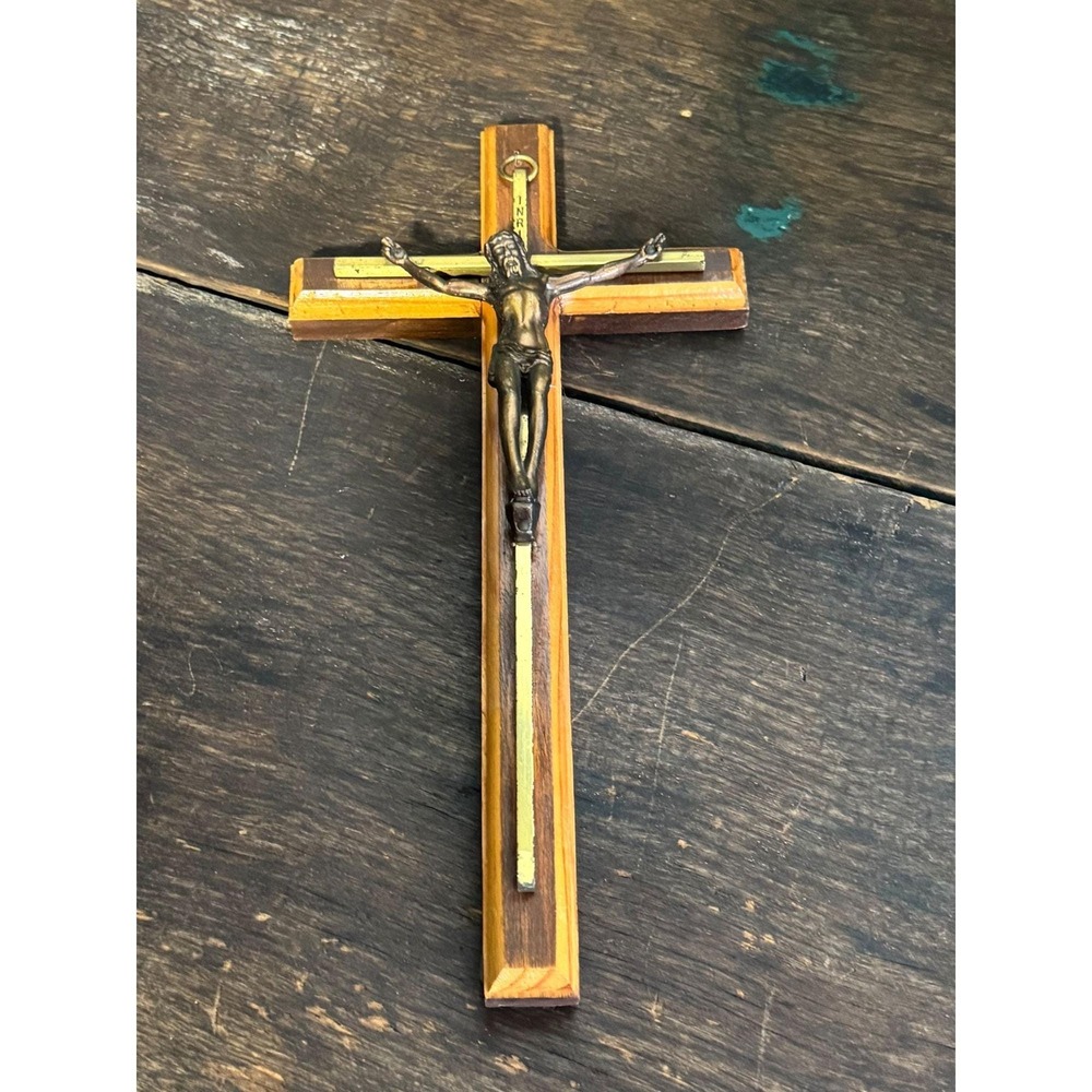 Vintage Crucifix Cross Jesus Christ INRI Wooden Metal Hanging